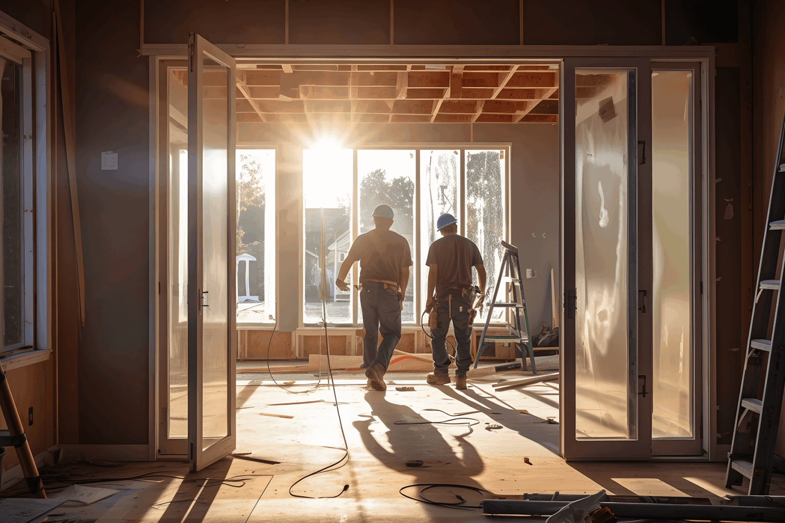 Sonnenlicht fällt in einen Rohbau, zwei Menschen betreten den Raum und symbolisieren den Beginn eines neuen Zuhauses