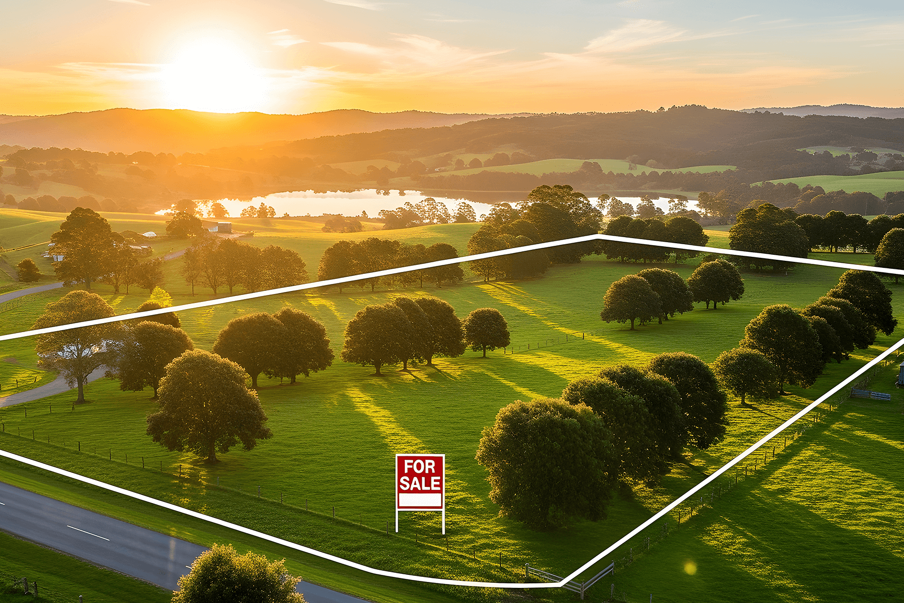 Luftaufnahme eines grünen Baugebiets bei Sonnenuntergang mit Grundstücksmarkierung, zeigt regionale Nähe und Grundstücksservice von Vionda Haus