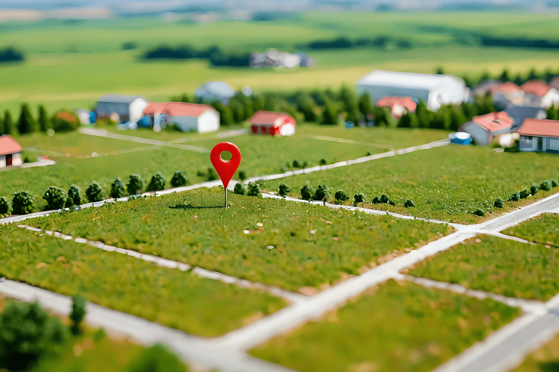 Luftaufnahme eines Baugebiets mit rotem Standortmarker, Darstellung von Grundstückssuche und regionaler Nähe von Vionda Haus