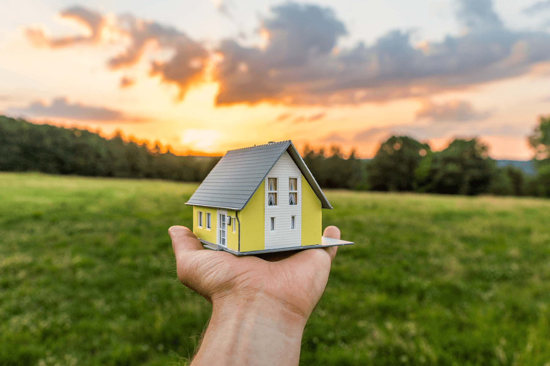 Hand hält ein kleines Modellhaus vor grüner Wiese, Symbol für den Traum vom Eigenheim mit Vionda Haus
