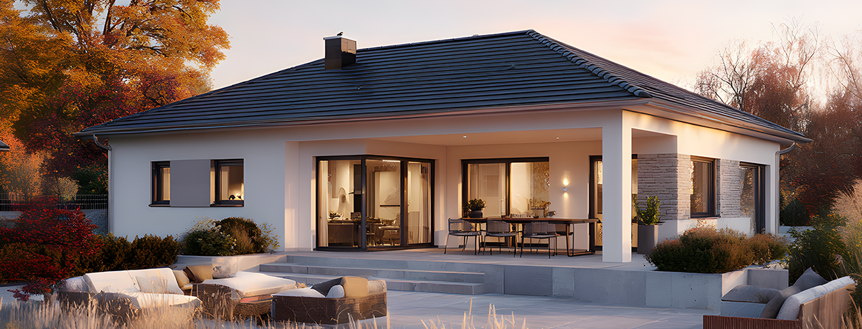 Vionda Haus 114 Bungalow mit Terrasse im Abendlicht und Naturgarten, steht für komfortables Wohnen und hochwertige Bauweise