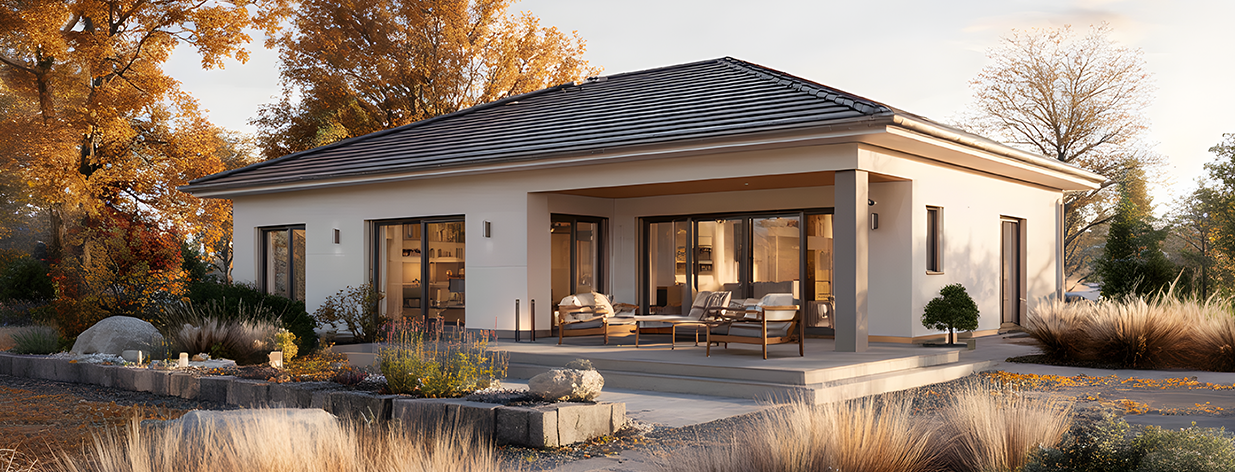 Vionda Haus 134 Bungalow mit heller Fassade und Glasfront, zeigt modernes Design und offene Architektur