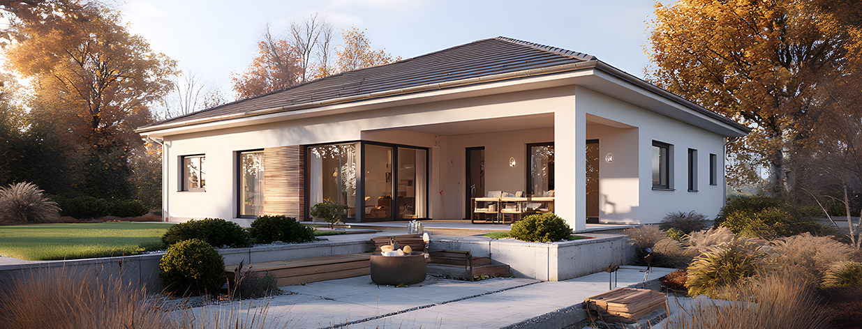 Vionda Haus 148 Bungalow mit überdachter Terrasse und Vorgarten, Beispiel für massives Wohnen auf einer Ebene