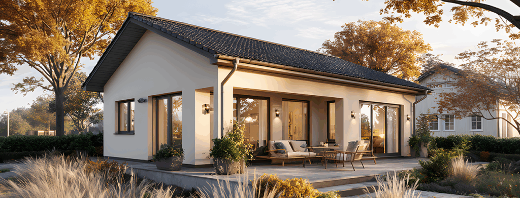 Vionda Haus 90 Bungalow mit Terrasse im Abendlicht und Naturgarten