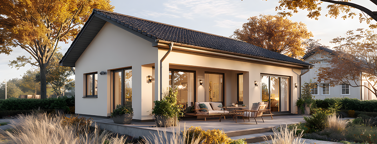 Vionda Haus 90 Bungalow mit Terrasse im Abendlicht und Naturgarten