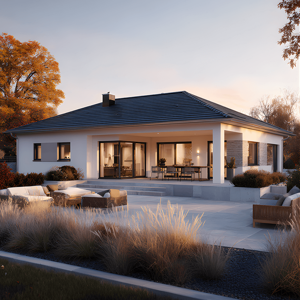 Vionda 114 mit überdachter Terrasse und stilvoller Gartengestaltung. Modernes Einfamilienhaus in Massivbauweise.