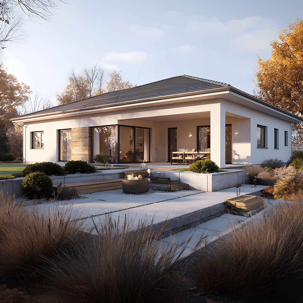 Bungalow Vionda 148 mit hell verputzter Fassade, Garten und Terrasse im Abendlicht – Beispiel für Wohnen auf einer Ebene.