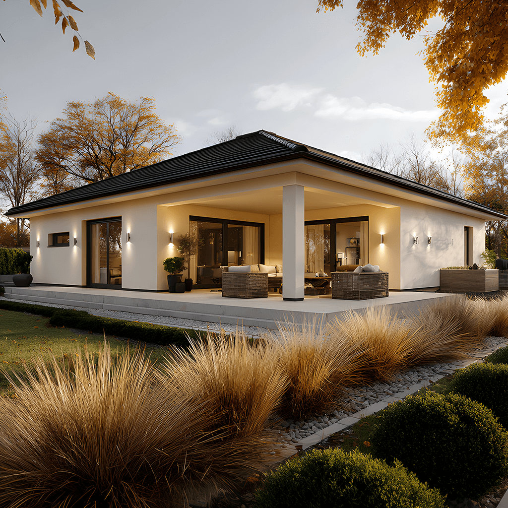 Vionda 60 Bungalow mit Gartenweg, überdachtem Sitzbereich und natürlicher Bepflanzung. Beispiel für harmonisches Wohnen im Grünen.