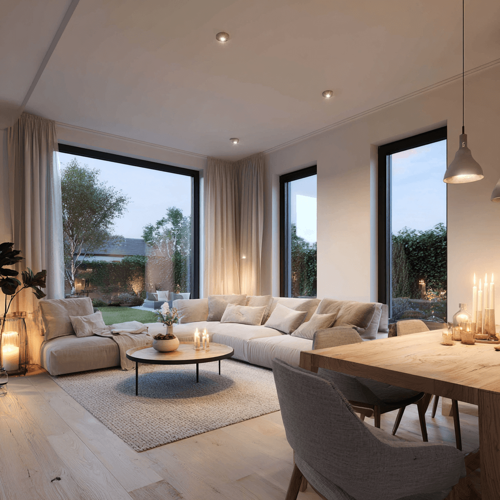 Gemütlicher Wohnbereich mit Sofa, stimmungsvoller Beleuchtung und großen Fenstern. Inspiration für offene Wohnkonzepte bei Vionda Haus.