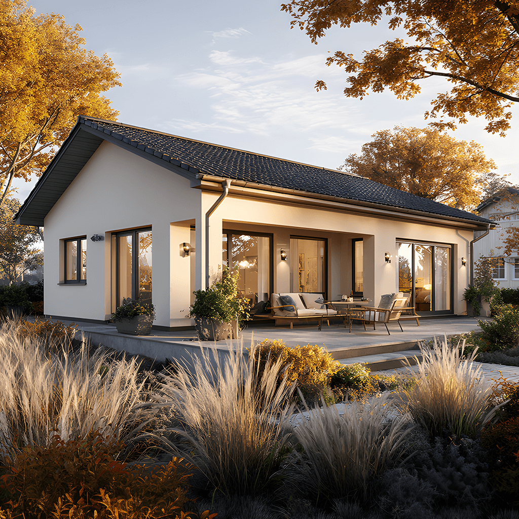 Vionda 90 Bungalow mit Satteldach und Holzdetails. Beispiel für energieeffiziente Architektur von Vionda Haus.