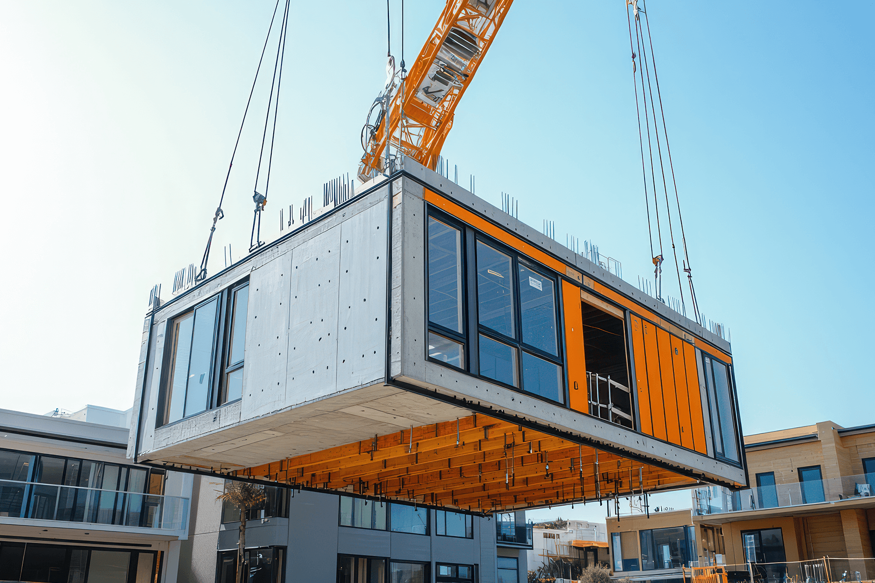 Großes Modul eines modernen Hauses wird per Kran montiert – innovativer Modulbau für nachhaltiges Wohnen.