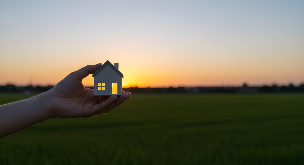Hand hält ein kleines beleuchtetes Bungalow Hausmodell vor einem Sonnenuntergang, sinnbildlich für den Traum vom Eigenheim.