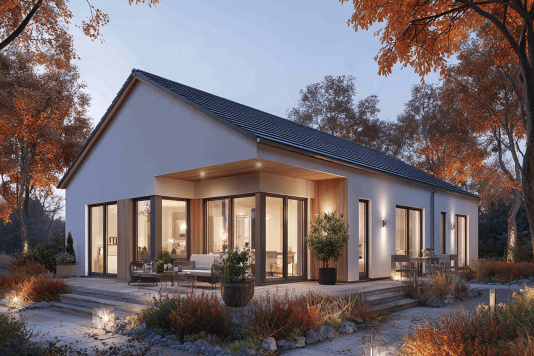 Außenansicht eines modernen Vionda Bungalows in herbstlicher Umgebung – energieeffizientes Haus mit großen Fenstern und einladender Terrasse.