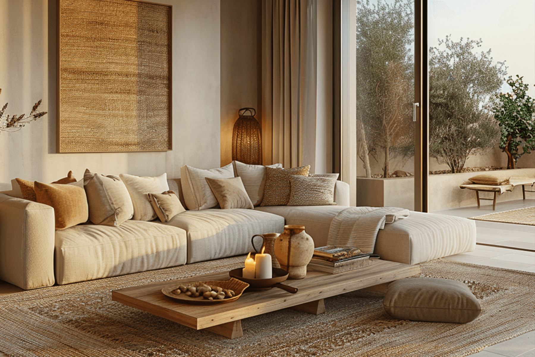 Helles, gemütliches Wohnzimmer eines Vionda Bungalows mit Naturtönen, großen Fenstern und stilvoller Einrichtung.