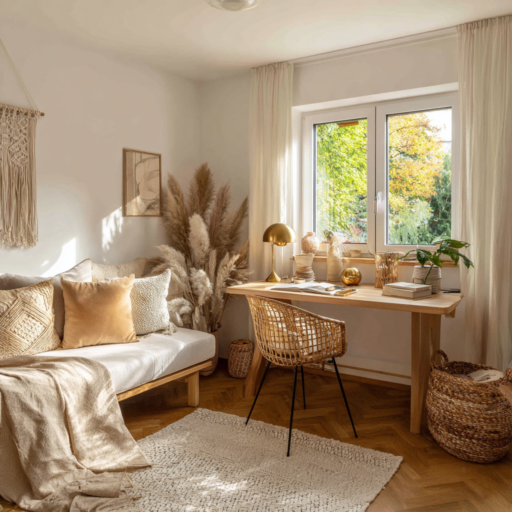 Helles Homeoffice mit Holzschreibtisch, Sessel und natürlicher Dekoration in einem modernen Bungalow – Symbol für harmonisches Wohnen und Arbeiten auf einer Ebene