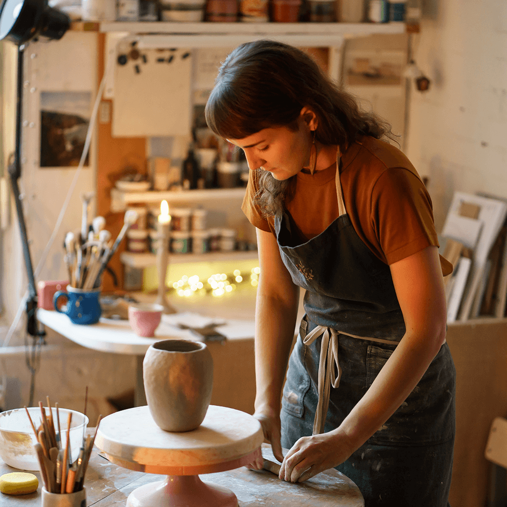 Frau arbeitet konzentriert in einer kleinen Werkstatt und formt Keramik an einem Tisch – Symbol für kreative Freiheit im Bungalow