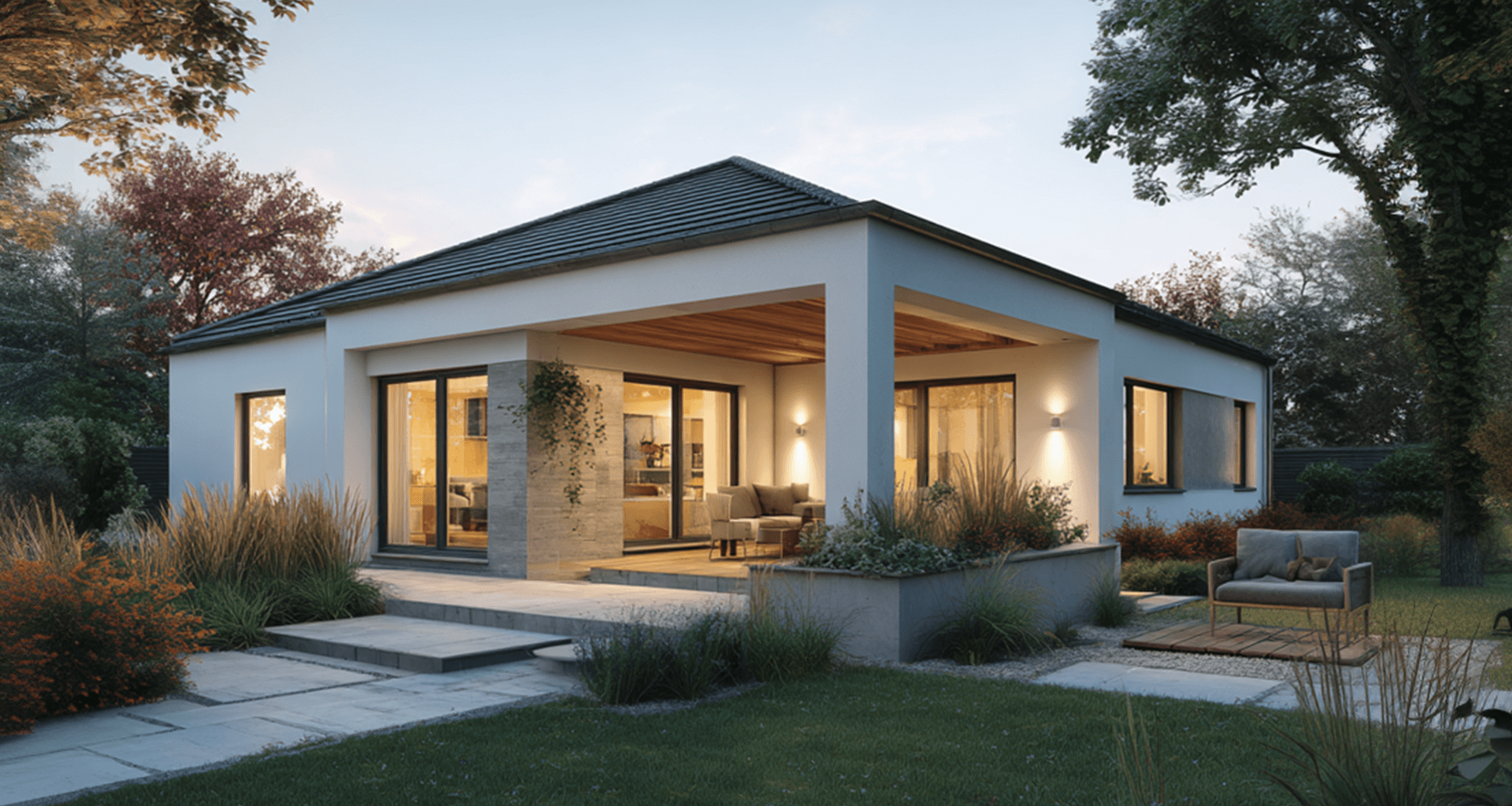 Abbildung eines Vionda Bungalows in abendlicher Stimmung.