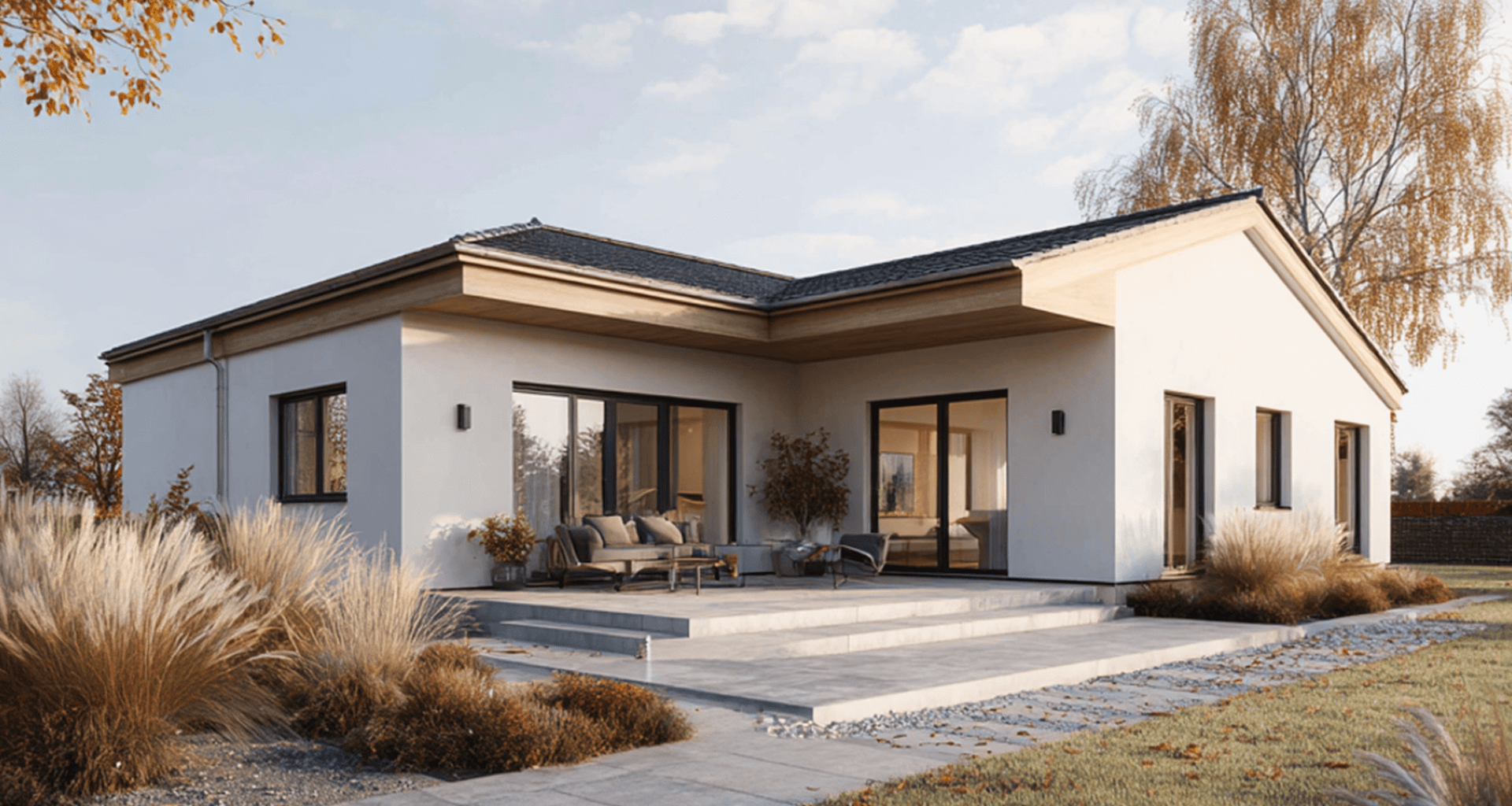 Die Darstellung eine Winkelbungalows in L Form von Vionda Haus. Es scheint ein helles und freundliches Licht auf das belebte Haus.