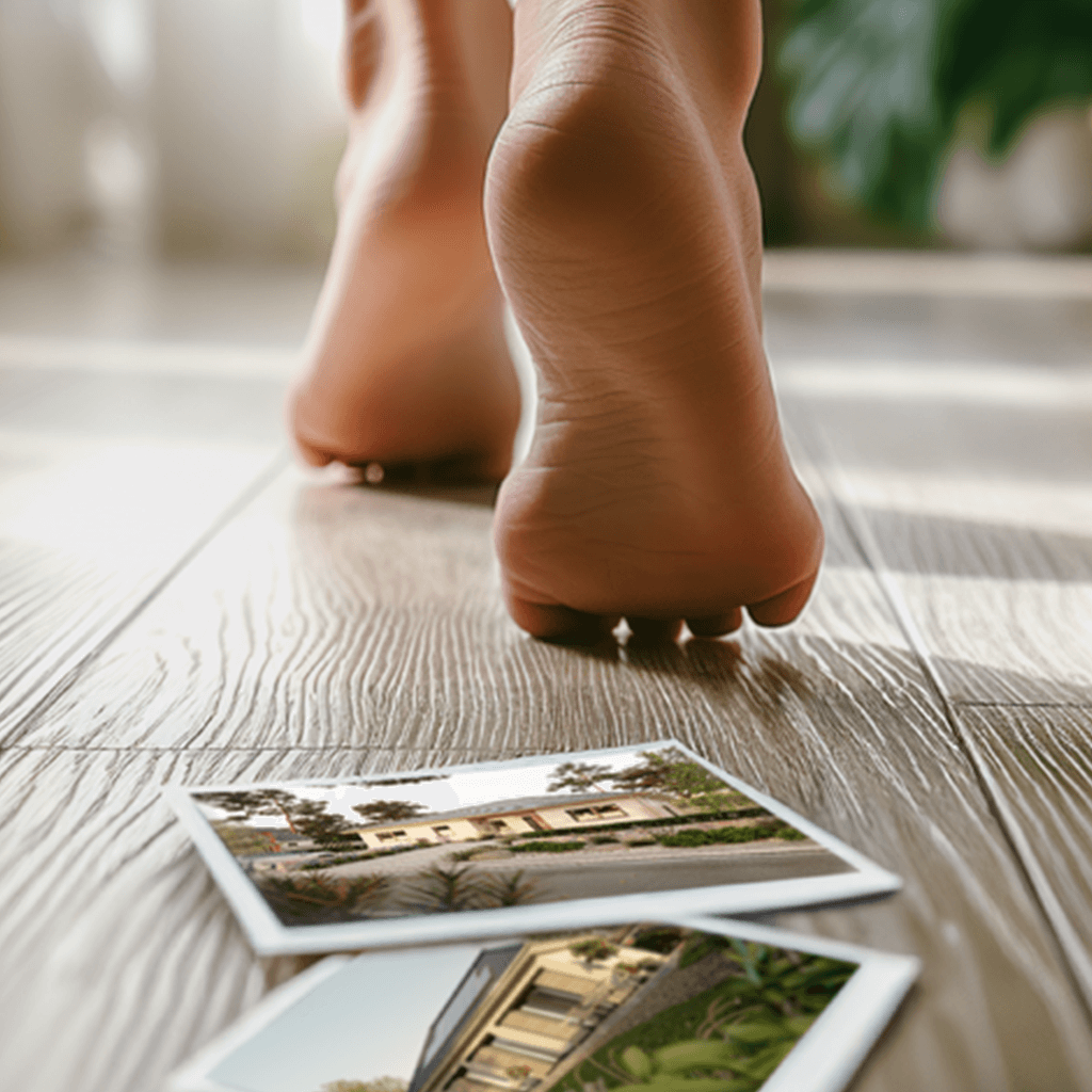 Wohnen auf einer Ebene. Stufenlos und barrierearm. Nackte Füße laufen im Haus auf einer Ebene. Bilder von Bungalows liegen im Vordergrund.