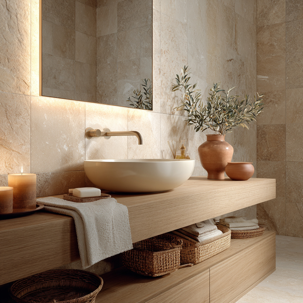 Badezimmer mit großem Spiegel, Waschbecken und warmen, hellen Farbtönen.