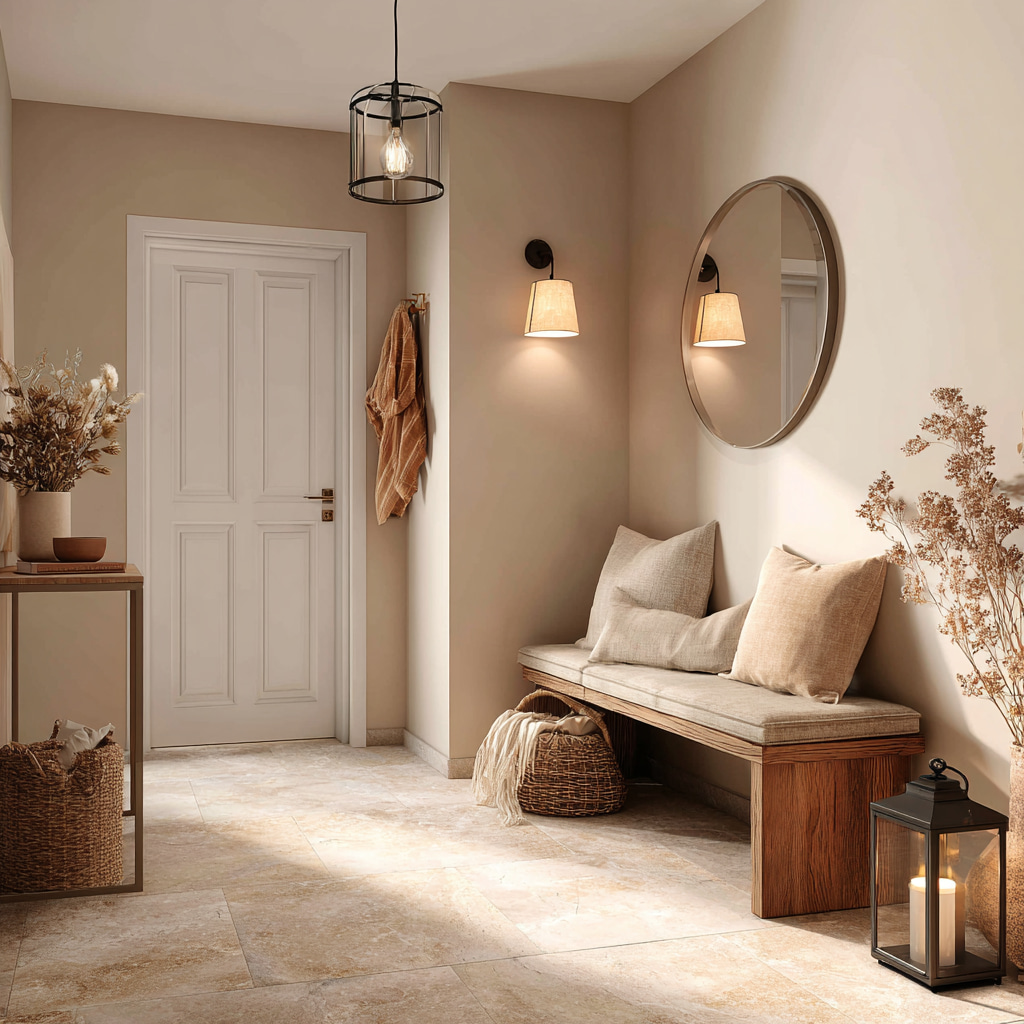 Einladender Eingangsbereich mit Sitzbank, rundem Spiegel und Wohlfühlcharakter.