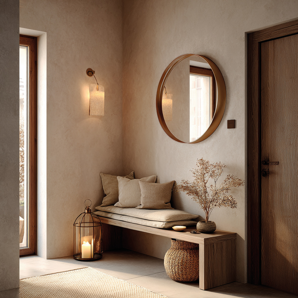 Freundlicher Flur mit rundem Spiegel und kleiner Bank zum Schuhe anziehen.