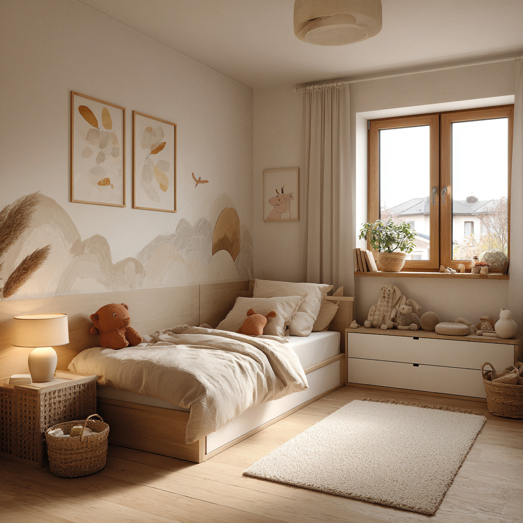 Helles Kinderzimmer mit Bett und Raum für Spiel und Entwicklung.