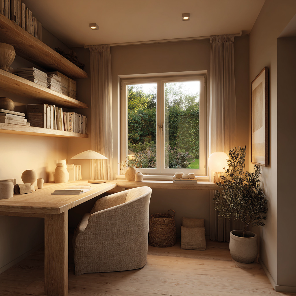 Homeoffice mit Schreibtisch, Regalen und klarer, ordentlicher Atmosphäre.
