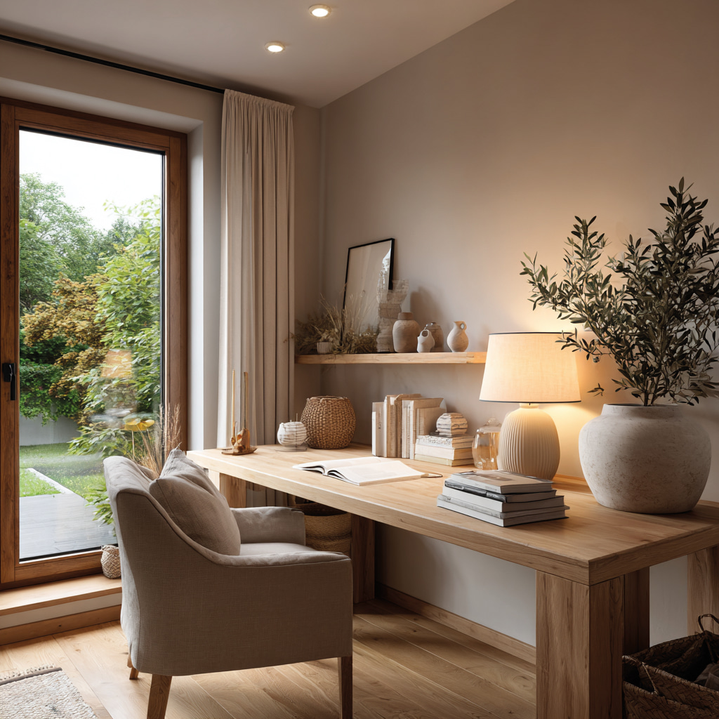 Arbeitszimmer mit Schreibtisch, Regalen und natürlichem Lichteinfall.