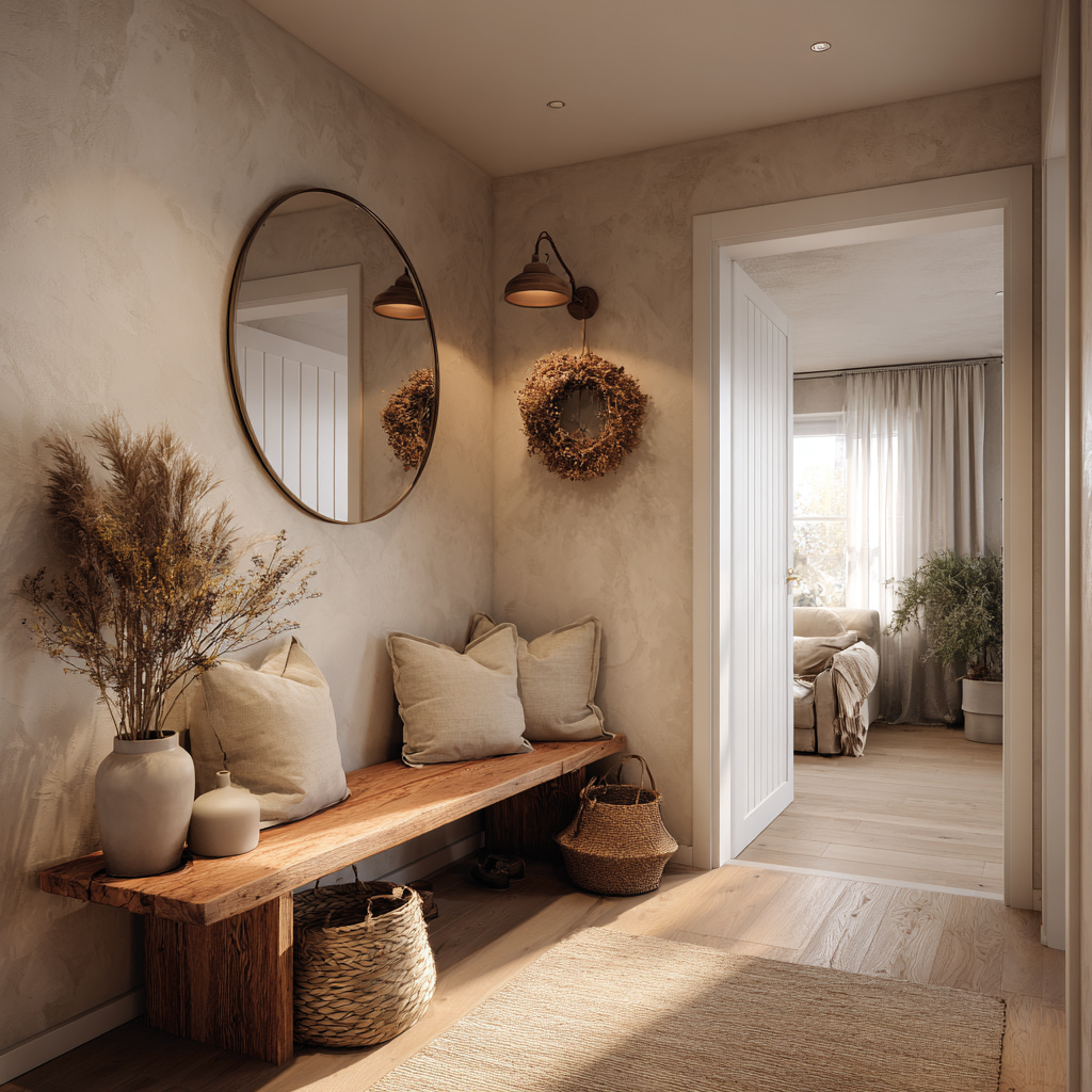 Flurgestaltung mit rundem Spiegel, Sitzbank und ausgewogener, meditativer Stimmung.