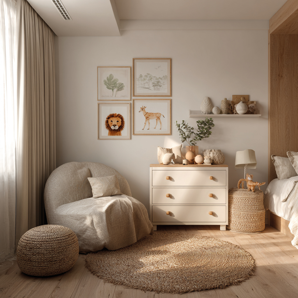 Kinderzimmer mit Bett und Sitzgelegenheiten in lichtdurchfluteter Atmosphäre.