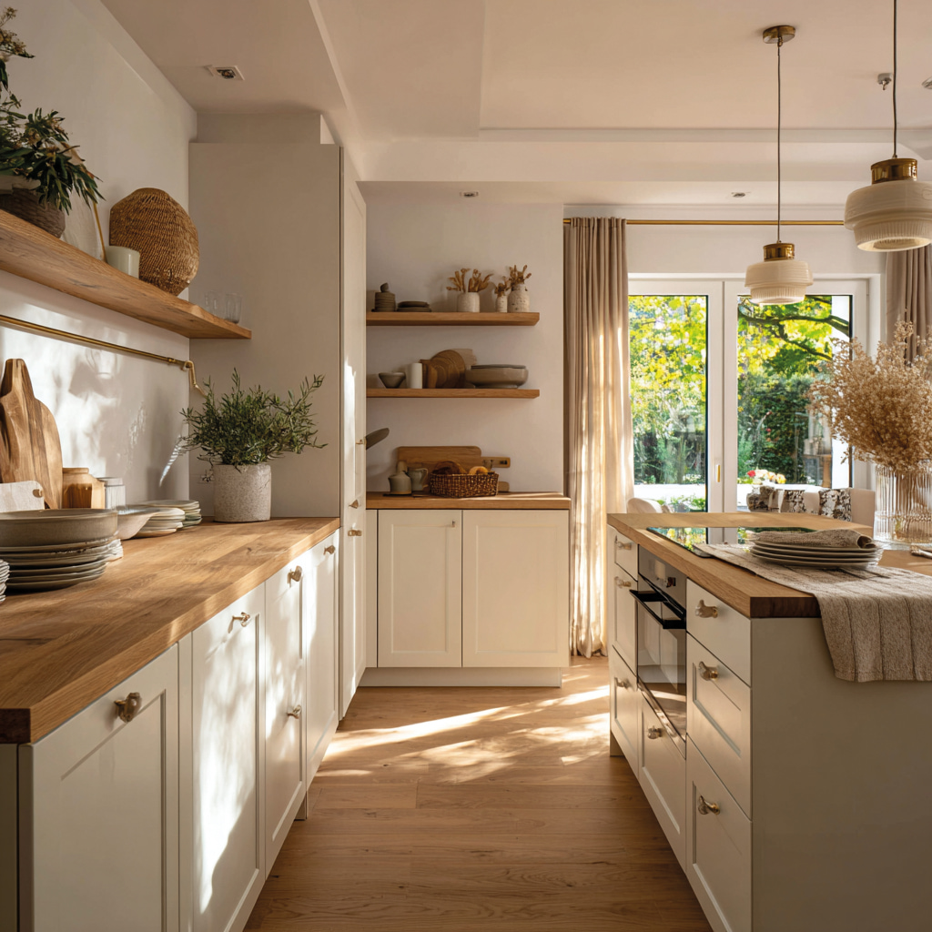 Küchenbereich mit Insel, warmen Holztönen und freundlichem Licht.