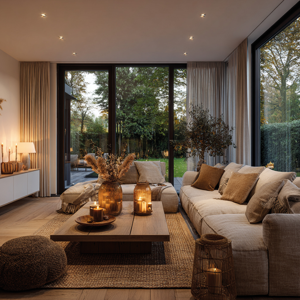 Offener Wohnbereich mit vielen Fenstern, Sofa und einladendem Essplatz.