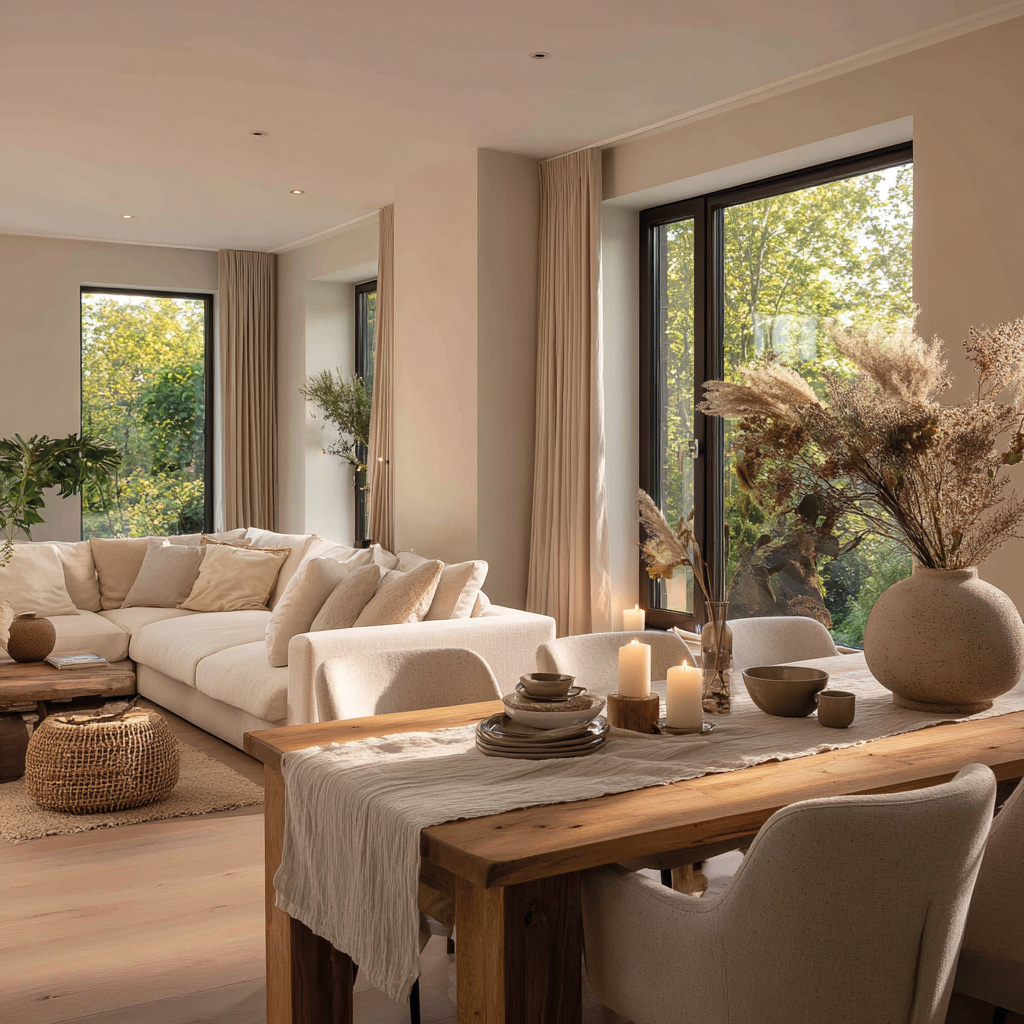 Offenes Wohnen mit großem Sofa, Speisetisch und freundlicher Atmosphäre.