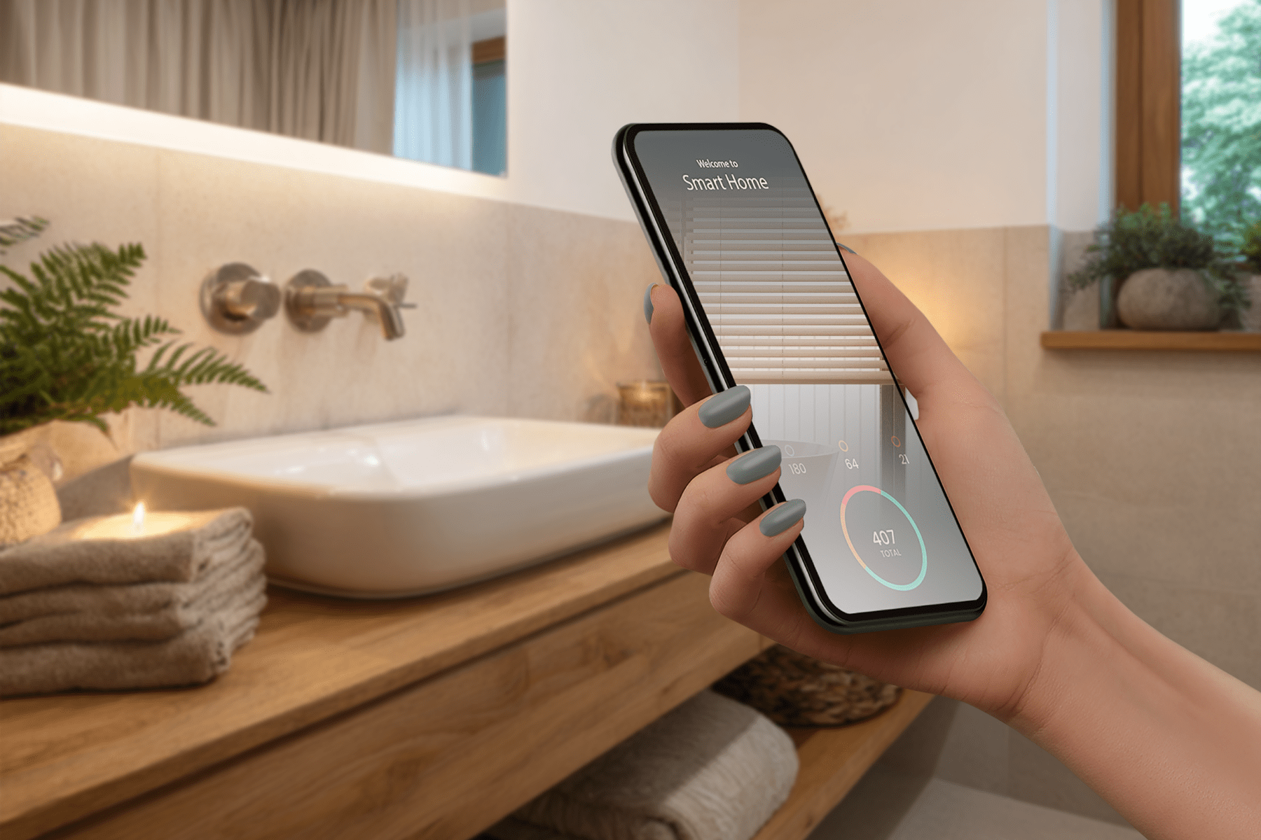 Smart-Home-gesteuertes Badezimmer mit berührungsloser Steuerung per Smartphone, ebener Waschtischfläche und frei zugänglichem Waschplatz.
