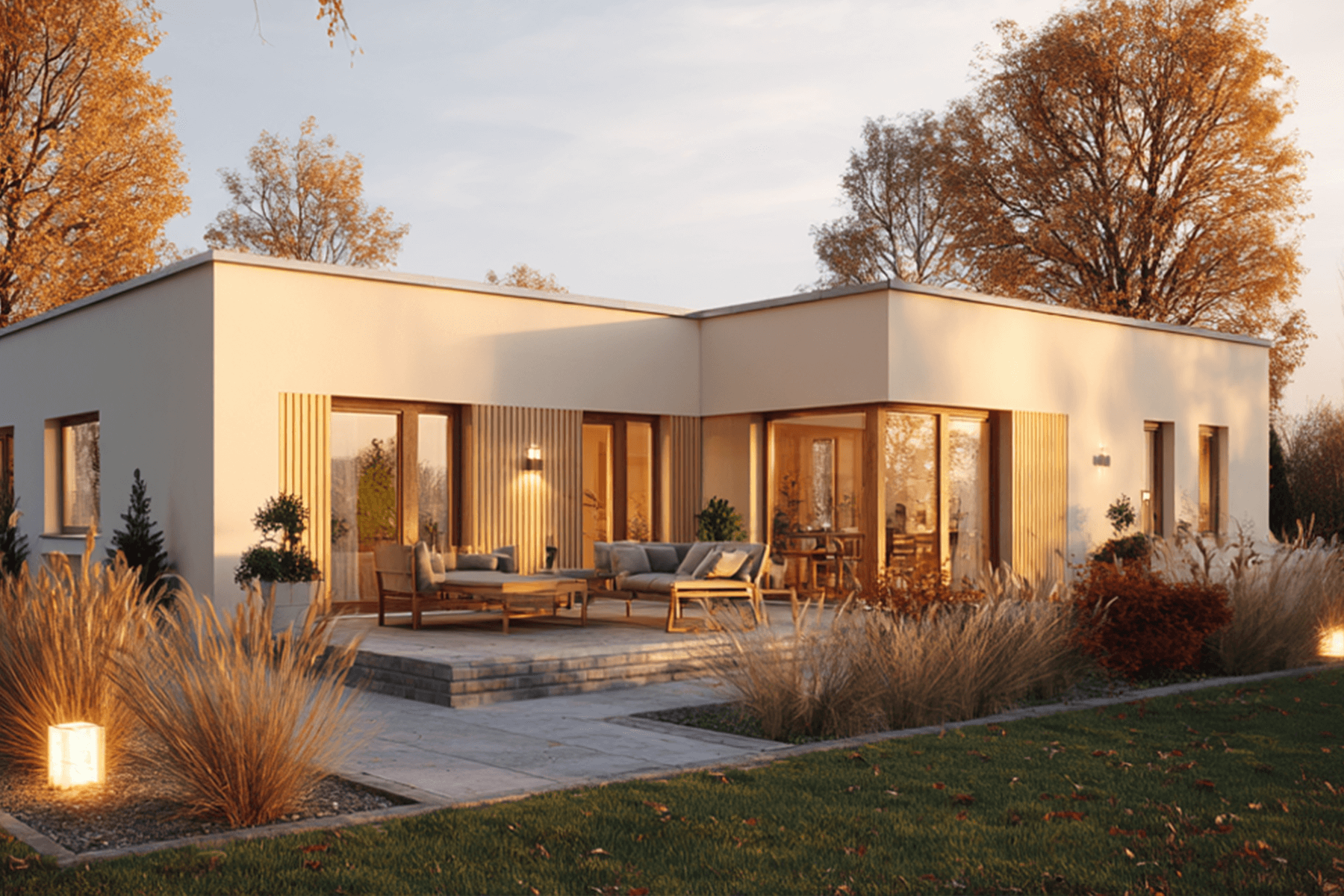 Moderner Bungalow von Vionda Haus mit Flachdach, großer Terrasse und bodentiefen Fenstern in naturnaher Umgebung bei Abendlicht.