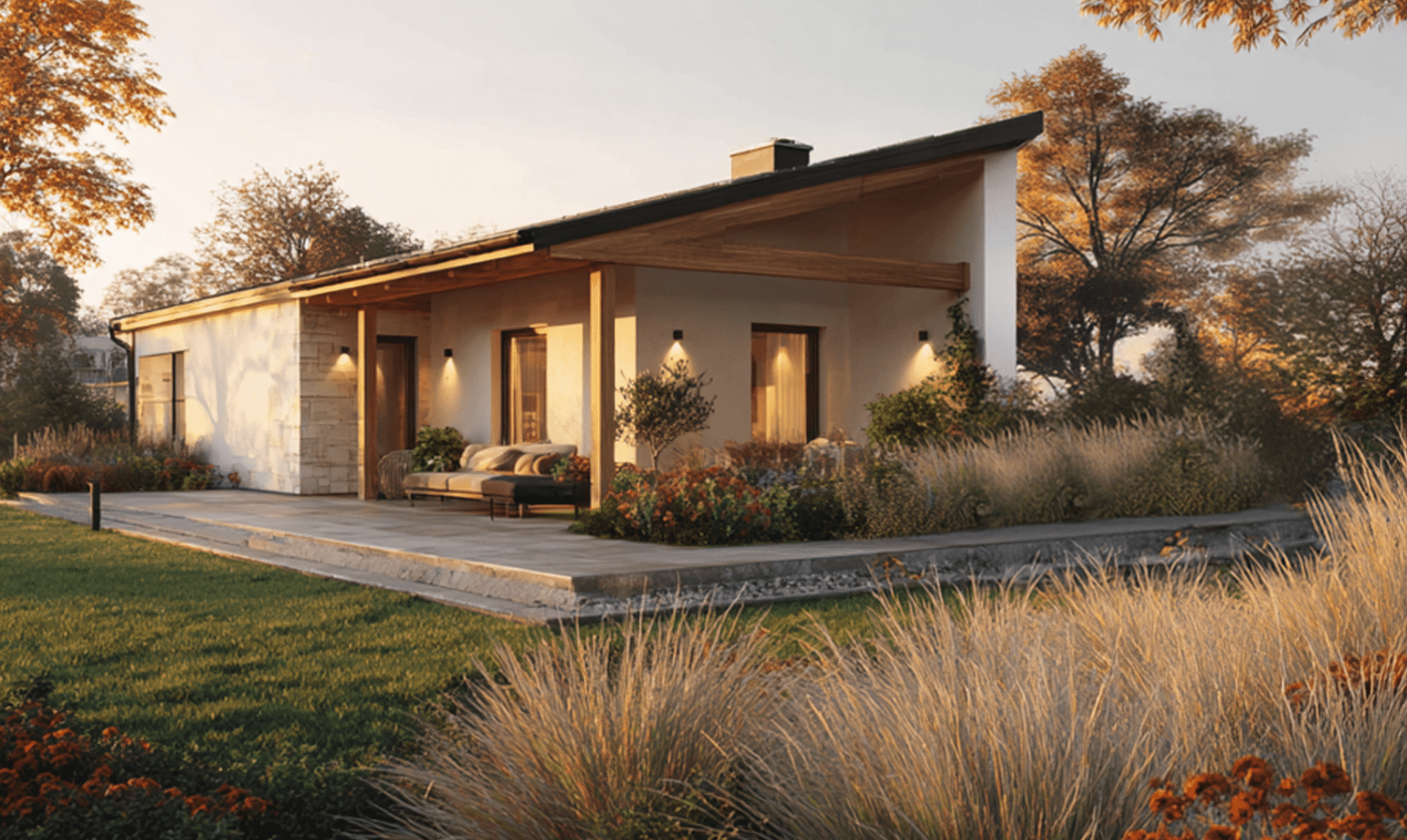 Zeitgemäßer Bungalow von Vionda Haus mit Pultdach, klarer Architektur und überdachtem Außenbereich in ruhiger Wohnlage.