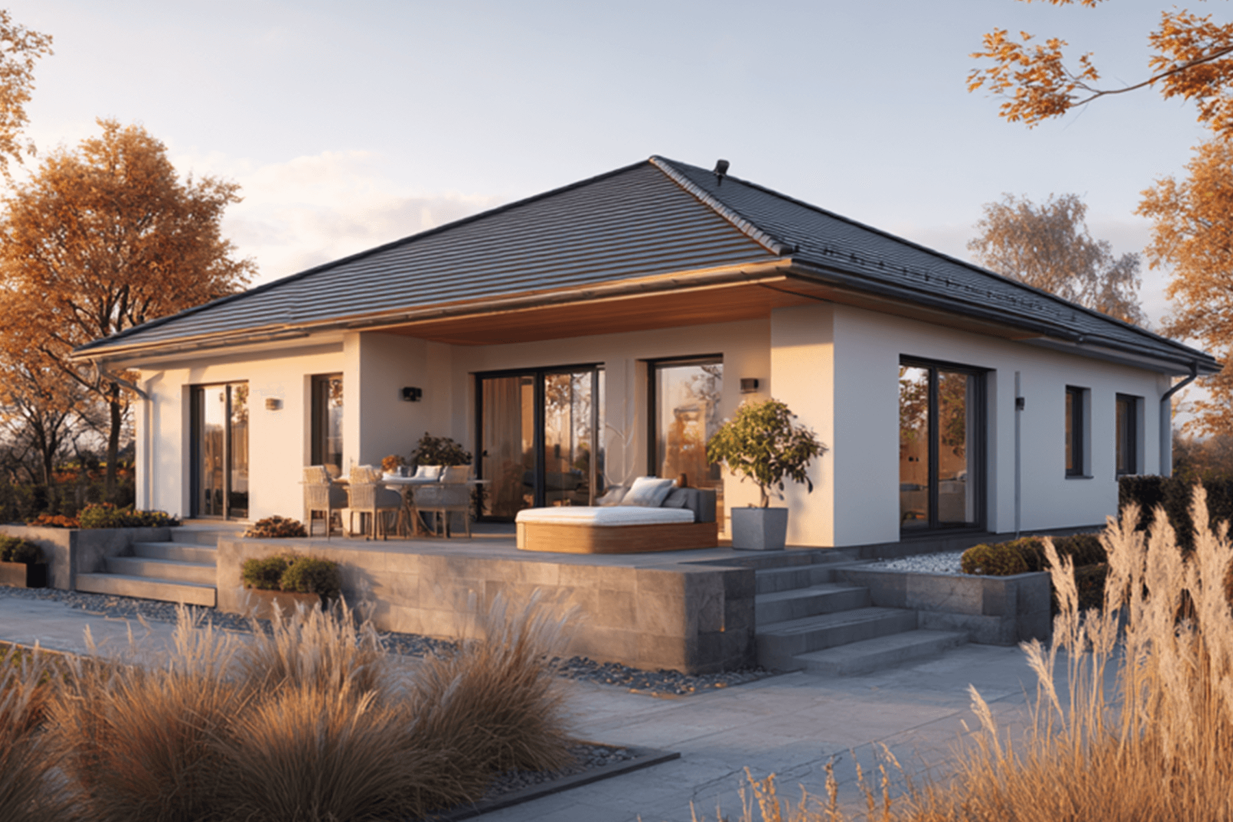 Einfamilien-Bungalow von Vionda Haus mit Walmdach, überdachter Terrasse und gepflegtem Garten in herbstlicher Landschaft.