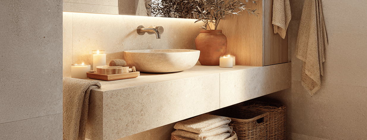 Barrierearmes Badezimmer mit bodenbündigem Waschtisch, gut erreichbarem Aufsatzwaschbecken, kontrastreichen Materialien und indirekter Beleuchtung für bessere Orientierung.