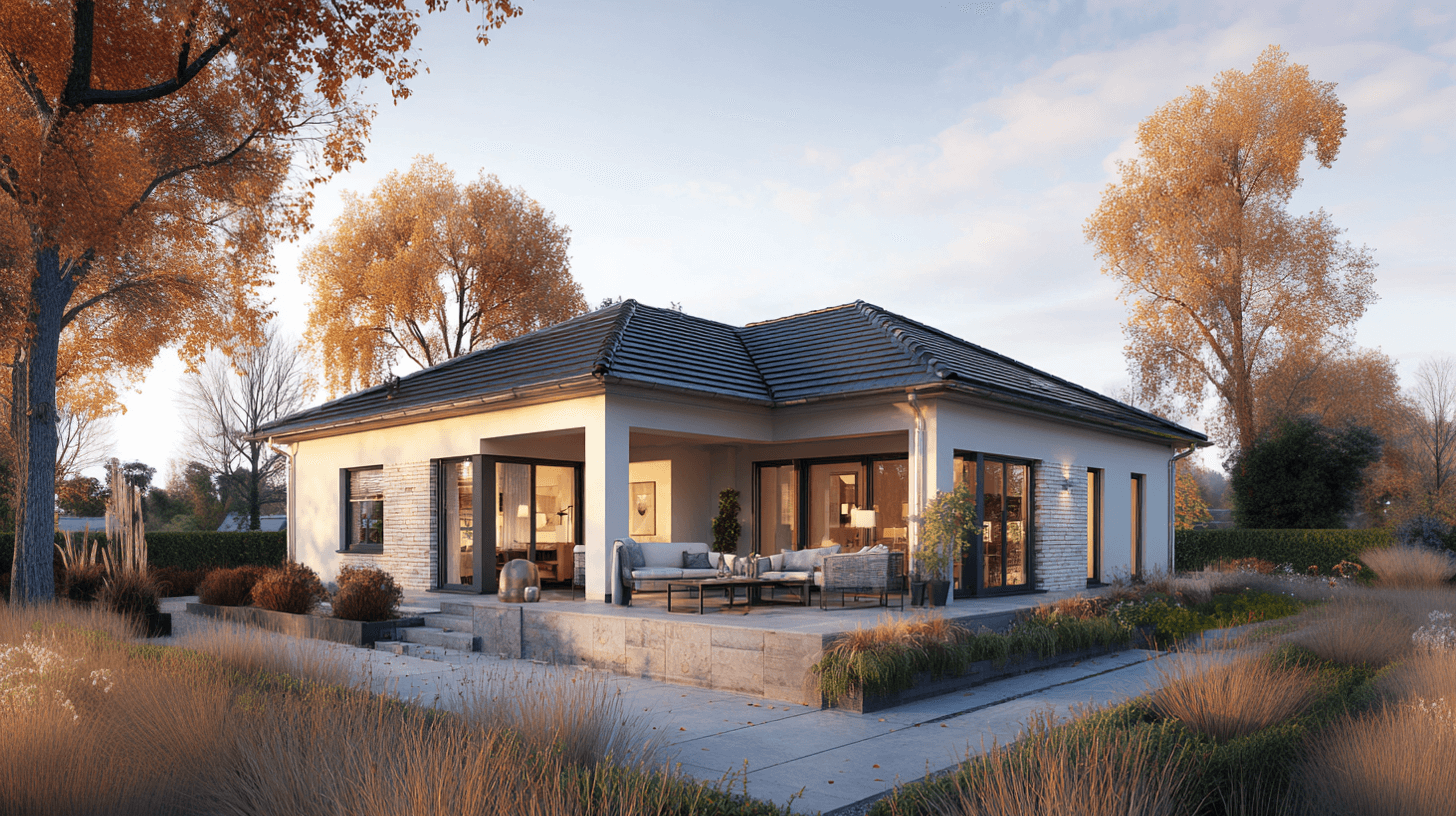 Kompakter Bungalow mit heller Fassade, überdachtem Eingangsbereich und ruhiger Wohnlage