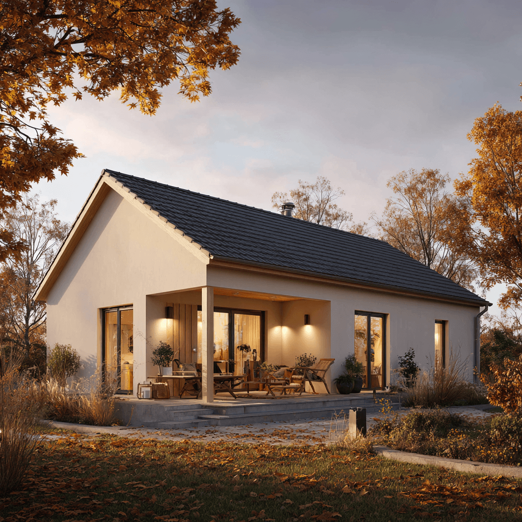 Zeitgemäßer Bungalow mit großzügiger Terrasse und bodentiefen Fenstern in naturnaher Umgebung