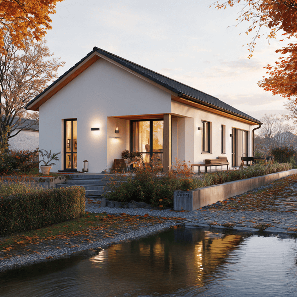Ebenerdiger Bungalow am Wasser mit klarer Architektur und herbstlicher Landschaft