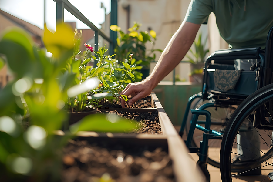 Person im Rollstuhl arbeitet an einem erhöhten Pflanzbeet und pflegt Pflanzen im Garten.