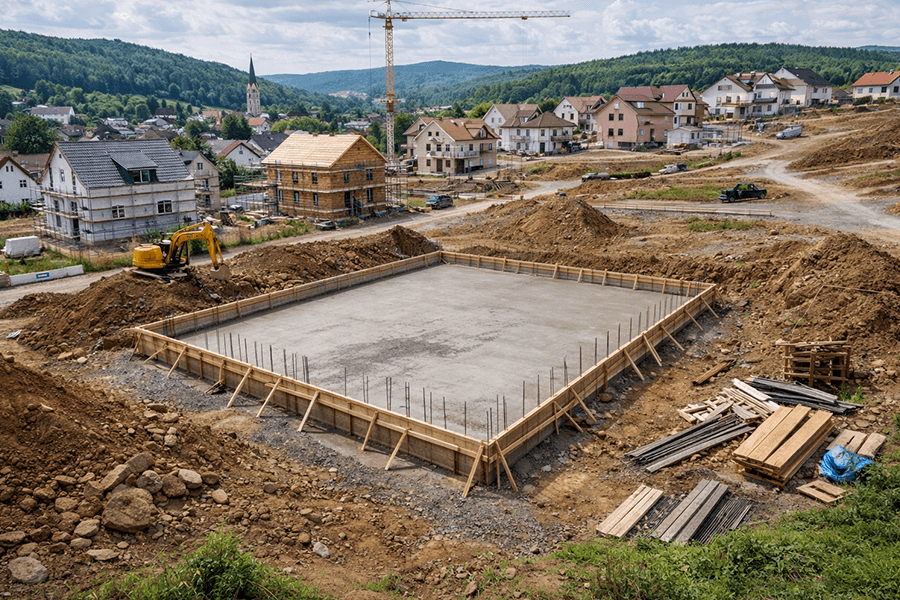 Baustelle in Hanglage mit gegossener Bodenplatte, Erdarbeiten und Wohnhäusern im Hintergrund.