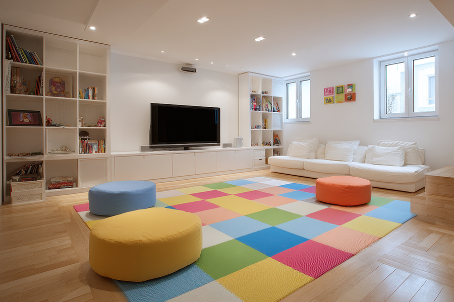 Heller Wohnraum im Keller mit Holzfußboden, Einbauregalen, Sofa und farbigem Teppich; großzügige Beleuchtung durch Deckenstrahler und Fenster.