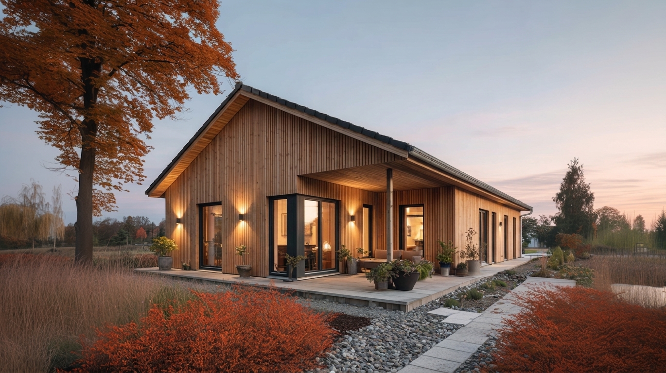 Moderner Holzbungalow mit Terrasse und Garten in herbstlicher Landschaft bei warmem Abendlicht