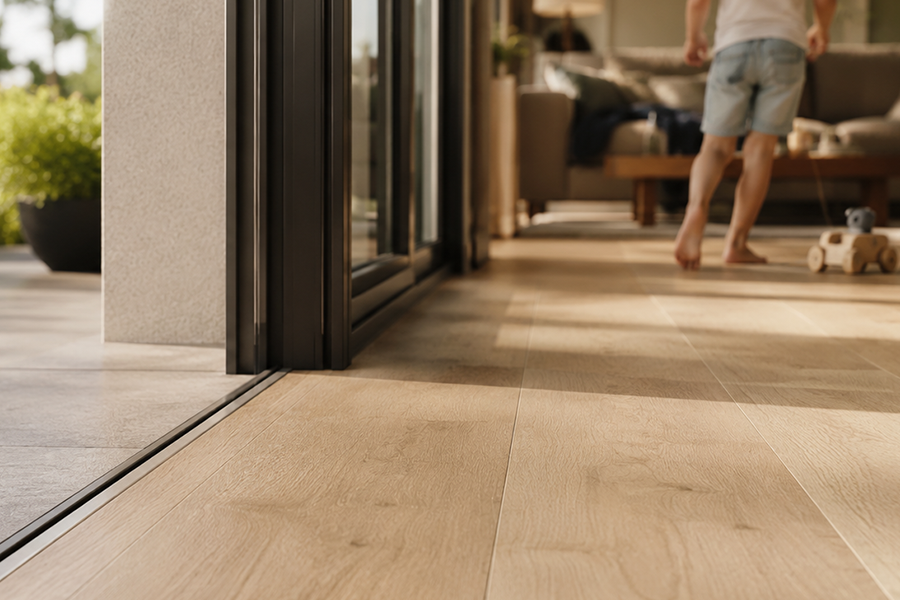 Bodentiefe Schiebetür verbindet Wohnraum und Terrasse ohne Schwelle für einen barrierefreien Übergang.