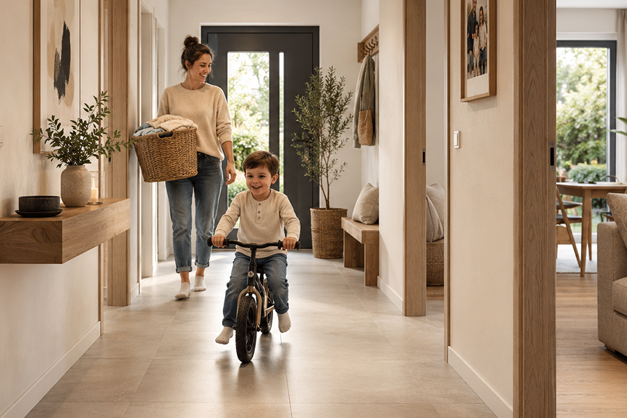 Breiter Flur bietet ausreichend Platz für Kinder, Alltag und komfortable Bewegungsfreiheit im Bungalow.